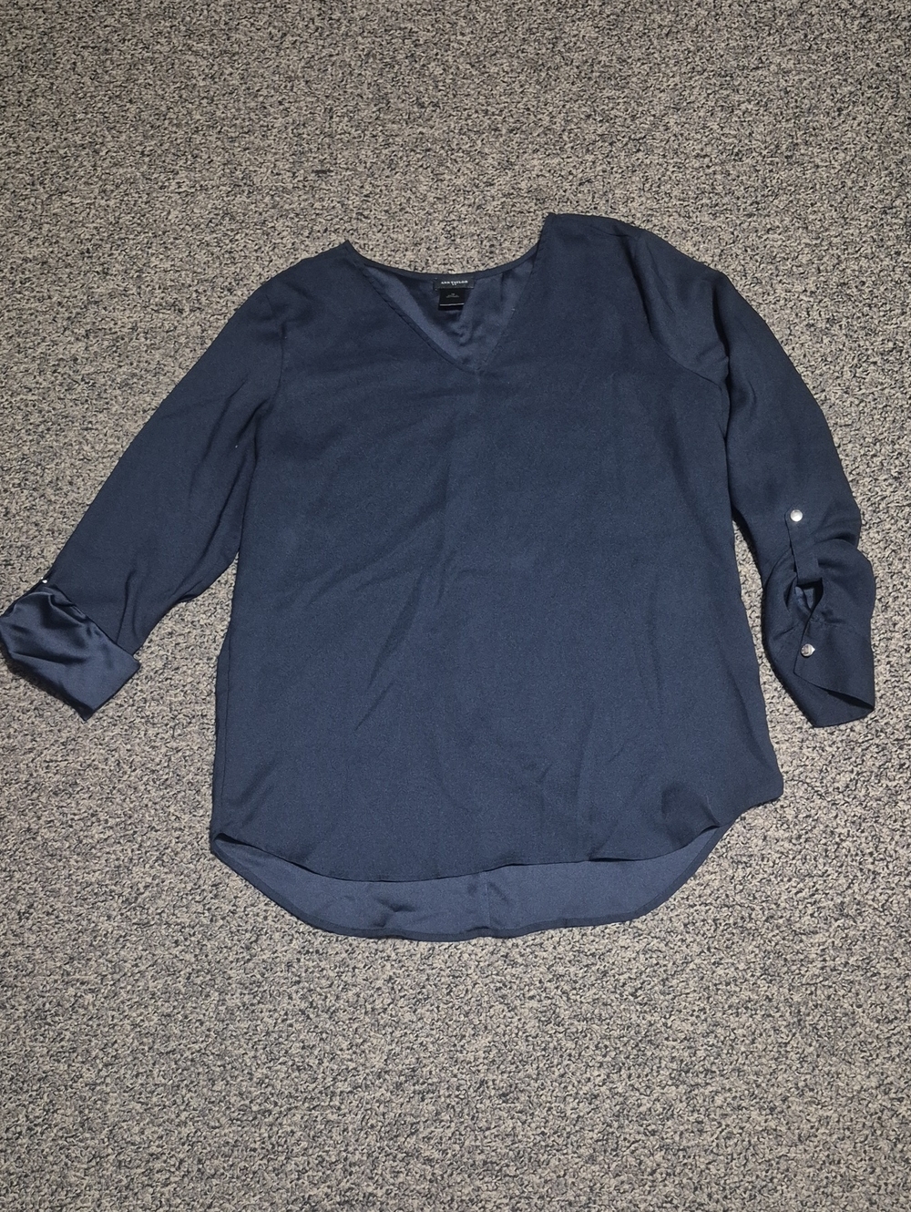 Ann Taylor Navy V-Neck Roll-Tab Blouse